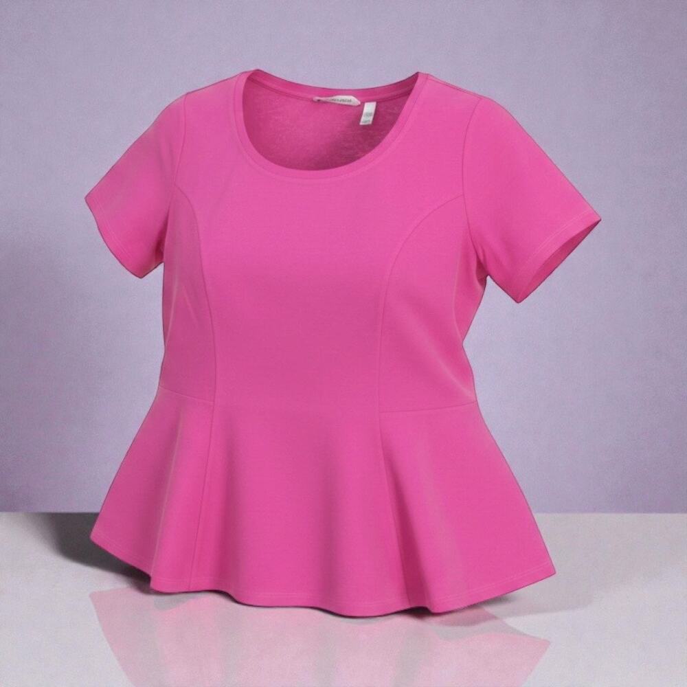 Isaac Mizrahi Live Pink Peplum Top XL Stretch Short Sleeve Flowy Hem
